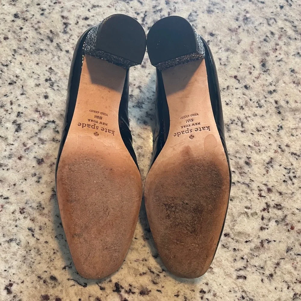 Kate Spade‎ Pumps Womens 8.5 Black Patent Leather Glitter Block Heel Almond Toe